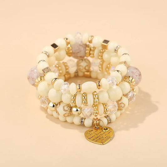 Luckacco 4Pcs/set Boho Ethnic Heart Beaded Bracelet Set For Women Handmade Crystal Beads Chain Bangle Female Bohemia Jewelry Gift