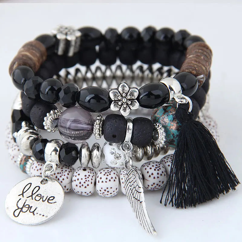 luckacco elite bohemian multicolor pink crystal beads bracelets women girls elastic tassel wing letters rope bracelet pulseira feminina
