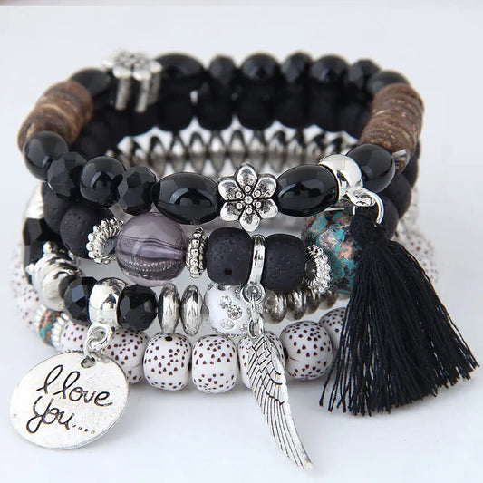 Luckacco elite Bohemian Multicolor Pink Crystal Beads Bracelets Women Girls Elastic Tassel Wing Letters Rope Bracelet Pulseira Feminina