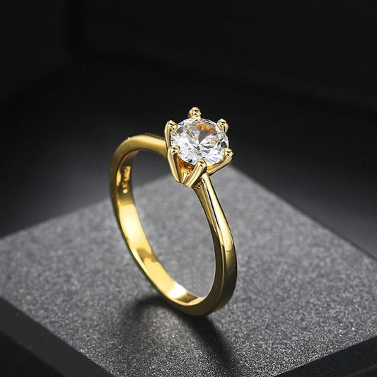 Luckacco Classic 1 Carat Crystal Wedding Ring For Women Zirconia Gold Color Engagement Anniversary Proposal Marriage Ring Jewelry R174