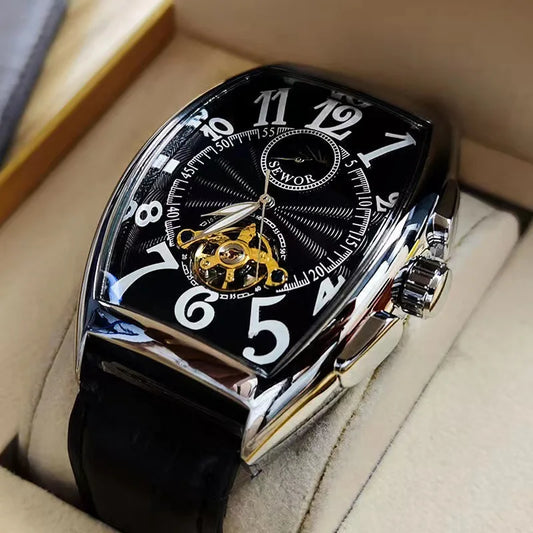 Luckacco Luxury Automatic Mechanical Watch for Men Sports Watches Tourbillon Skeleton Military Male Clock Cool Tonneau Man Wristwatch