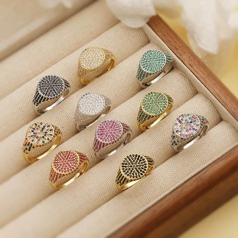 luckacco hecheng,13×22mm copper electroplated 18k gold multi-colour zirconia ring unisex couple adjustable luxury jewellery 1 piece