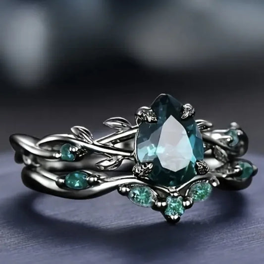 Luckacco Luxury Black Color Inlaid with Green Stone Rings Set Round Flower Fashion Party Engagement Wedding Rings for Women Jewelry
