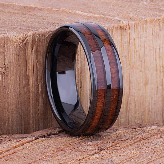 Luckacco Fashion 8mm Men Stainless Steel Rings Silver Color Brushed Deer Antler And Koa Wood Rings for Men Wedding Band Jewelry
