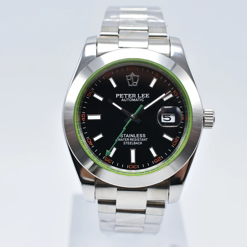 luckacco automatic movement vintage milgauss watches for man green sapphire glass mechanical wristwatches luminous 40mm watch relojes