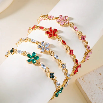 Luckacco Charm Red Crystal Zircon Flower Bracelet For Women Vintage Boho Full Rhinestone Flowers Bangles Girls Party Christmas Jewelry