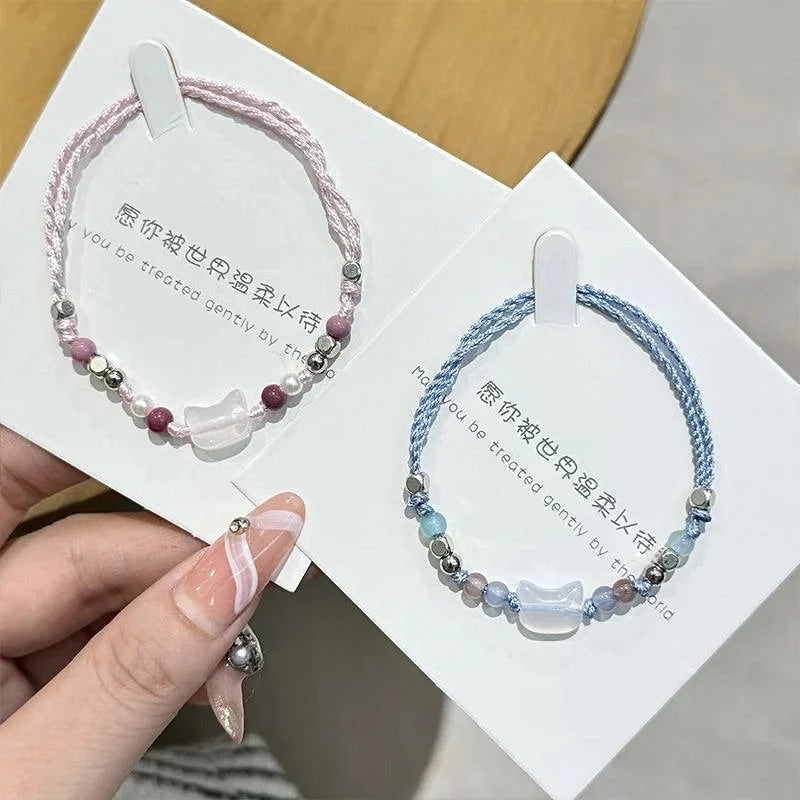 luckacco handmade 2pcs couples cute cat bracelet unique stylish hand rope for women men beaded woven bracelet wrist jewelry gifts