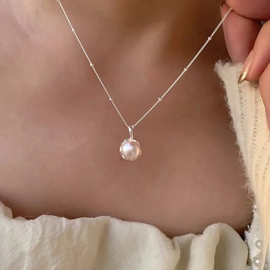 Luckacco New Trendy Fashion 925 Silver Pearl Simple Elegant Thin Chain Pendant Necklace for Women Girl Jewelry Dropship