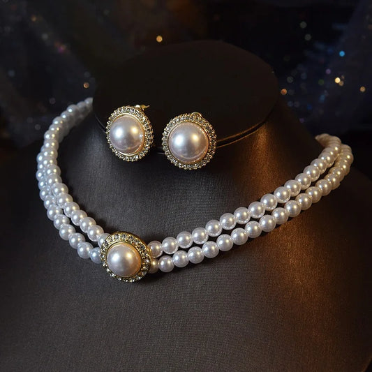 Luckacco Women Elegant Pearl Double Layers Necklace Earrings Exquisite Vintage Classic Chains For Lady Party Wedding Retro Jewelry Choker