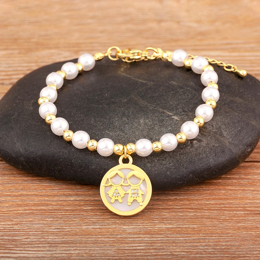 luckacco nidin high quality round shape girl boy pearl beads zircon hand bracelets for female son daughter cute jewelry mother's day gift