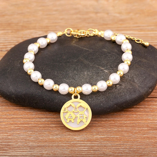 Luckacco Nidin High Quality Round Shape Girl Boy Pearl Beads Zircon Hand Bracelets For Female Son Daughter Cute Jewelry Mother's Day Gift