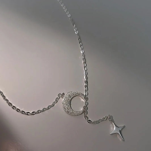 Luckacco Popularity Fashion Moon Star 925 Sterling Silver Necklace Geometric Shape Pendant Chain for Women's Fine Accessories