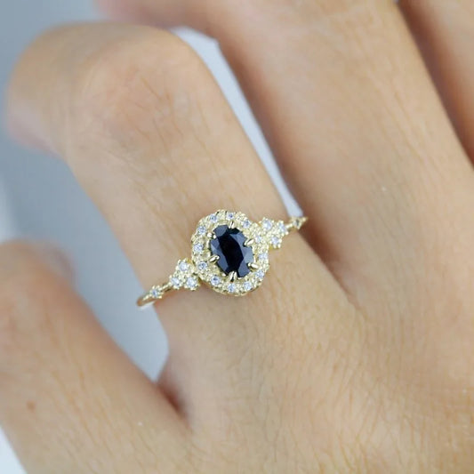 Luckacco Dazzling Gold Color Geometry Ring for Women Fashion Metal Inlaid Round Black Stones Ring Jewelry