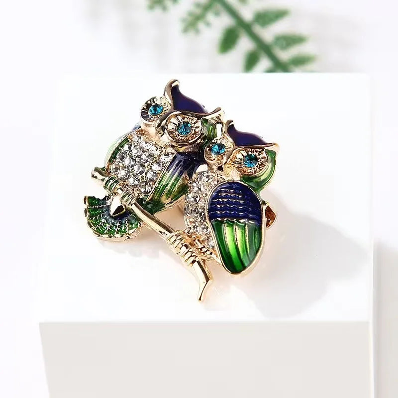 luckacco trendy double owl brooches rhinestone brooch badge pin bird animal party casual suit decoration badge for women corsage gifts