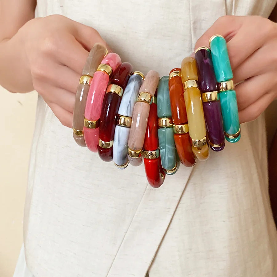 luckacco splicing bamboo tube acrylic smudging bangles for women men fashion geometric elastic bracelets bangles jewelry couple gifts f