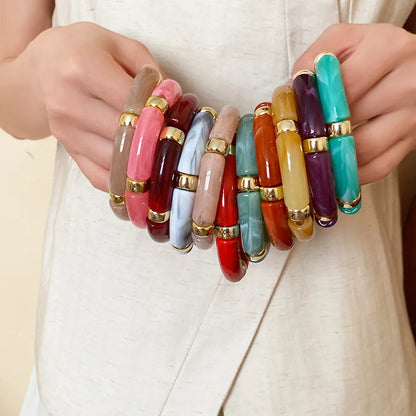 Luckacco Splicing Bamboo Tube Acrylic Smudging Bangles for Women Men Fashion Geometric Elastic Bracelets Bangles Jewelry Couple Gifts F
