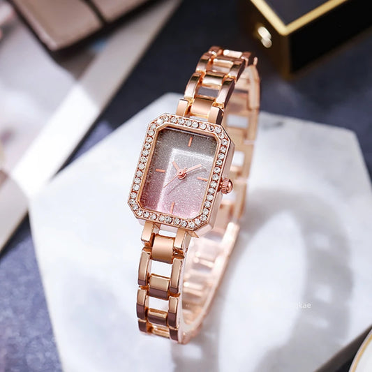 Luckacco Luxury Ladies Brand Watches Fashion Dresses Square Crystal Minimalist Design Women Quartz Watch Stainless Steel Skeleton Clock