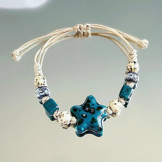 Luckacco Kaseakia Handmade Vintage Ceramic Stone Beads Wax Cord Adjustable Beaded Bracelets Bohemian Boho Jewelry for Women
