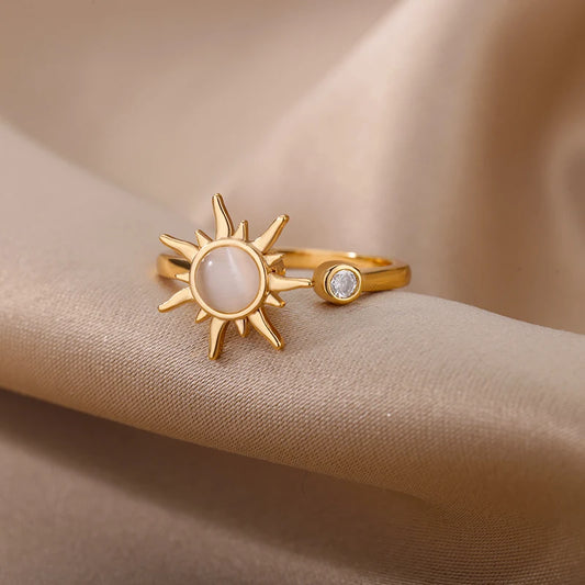 Luckacco Luxury Gemstone Flower Stainless Steel Rings Zircon Adjustable Ring Women Wedding Anti Fading Jewelry Vacation Accessories Gift
