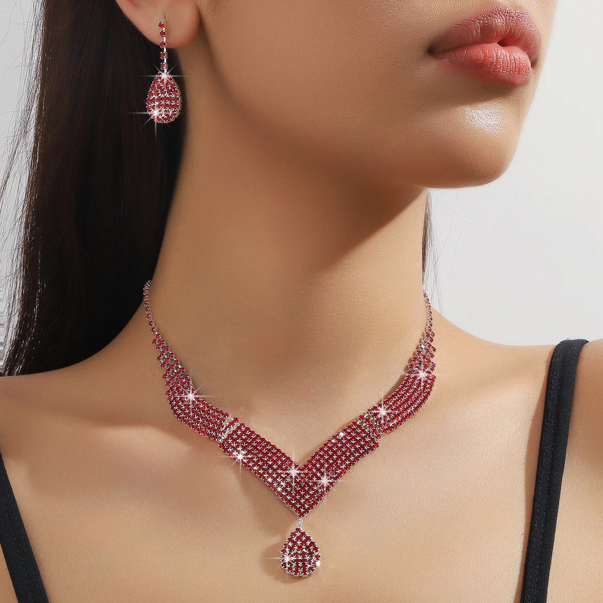 luckacco 3pcs fashionable rhinestones, water droplets, necklaces, earrings, jewelry sets, women's wedding accessories