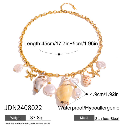 Luckacco Youthway-Collier Bohème en Acier Inoxydable pour Femme, Grande Perle Imperméable, Pendentif Conque Étoile de Mer, Bijoux de Plage Océan