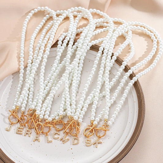 Luckacco Elegant Simulated-pearl Gold Color OT Buckle 26 Letters Pendant Necklace for Women Vintage Choke Collares Jewelry Girls Gifts