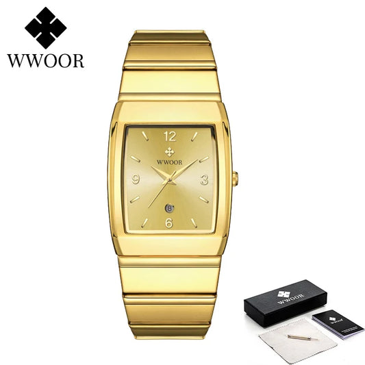Luckacco Relogio Masculino WWOOR New Man's Square Watch For Men with Automatic Date Luxury Stainless Steel Gold Mens Quartz Wrist Watches