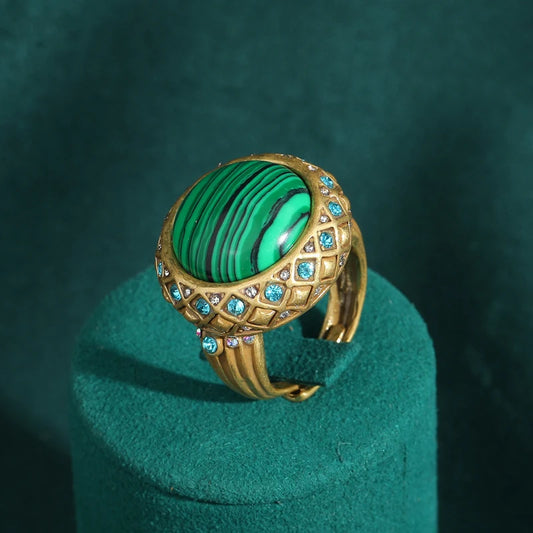Luckacco Vintage Wedding Rings for Women Round Blue Natural Oval Green Crystal Horse Eye Shape Glass Retro Pattern Gold Color Jewelry