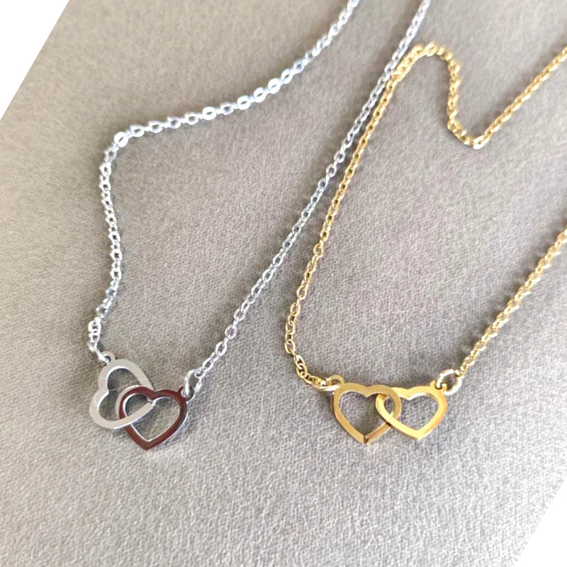 luckacco 10pcs interlocking double hearts charm connector pendant mirror polished stainless steel heart charms 12*20mm necklace wholesale