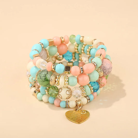 Luckacco 4Pcs/set Boho Ethnic Heart Beaded Bracelet Set For Women Handmade Crystal Beads Chain Bangle Female Bohemia Jewelry Gift