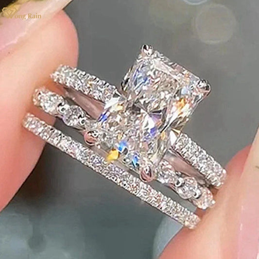 Luckacco Wong Rain Solid 925 Sterling Silver Crushed Ice Cut 7*10MM Lab Sapphire Gemstone Ring Sets 3Pcs Fine Jewelry Wedding Party Gifts