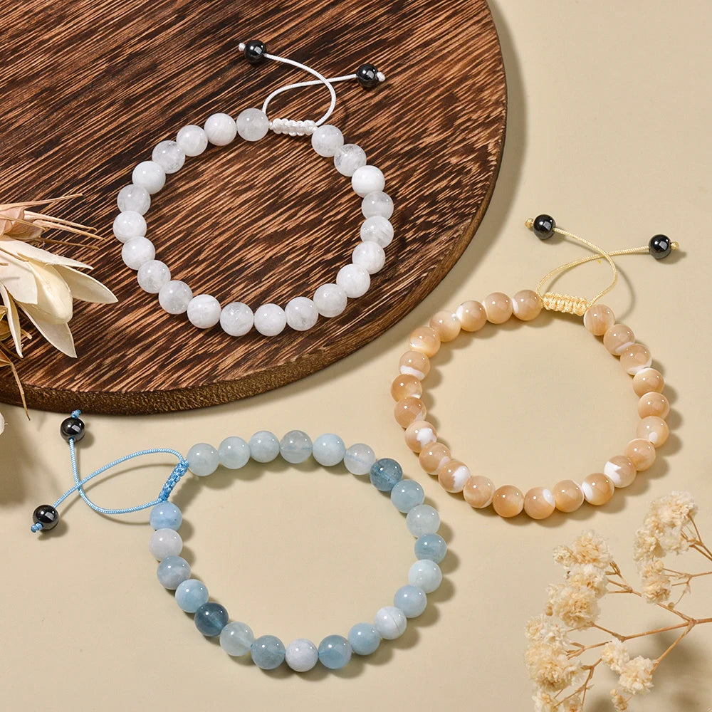 luckacco 1p 8mm rose quartz amethyst sunstone moonstone braided ajustable beaded bracelet natural gem crystal energy gift for men women