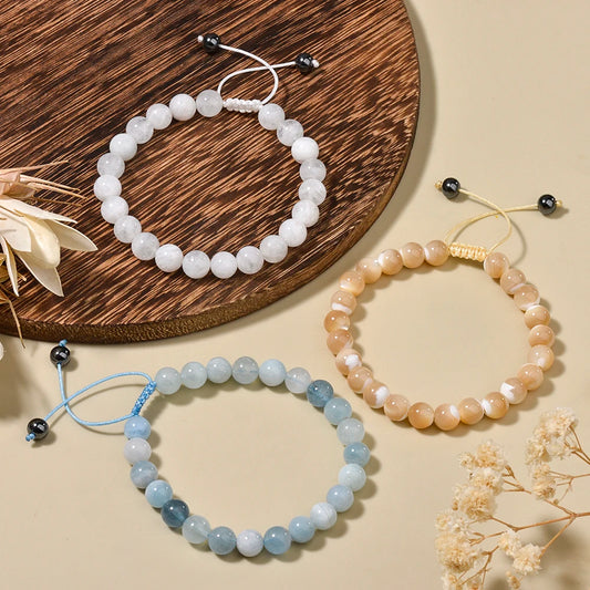 Luckacco 1p 8mm Rose Quartz Amethyst Sunstone Moonstone Braided Ajustable Beaded Bracelet Natural Gem Crystal Energy gift for men women