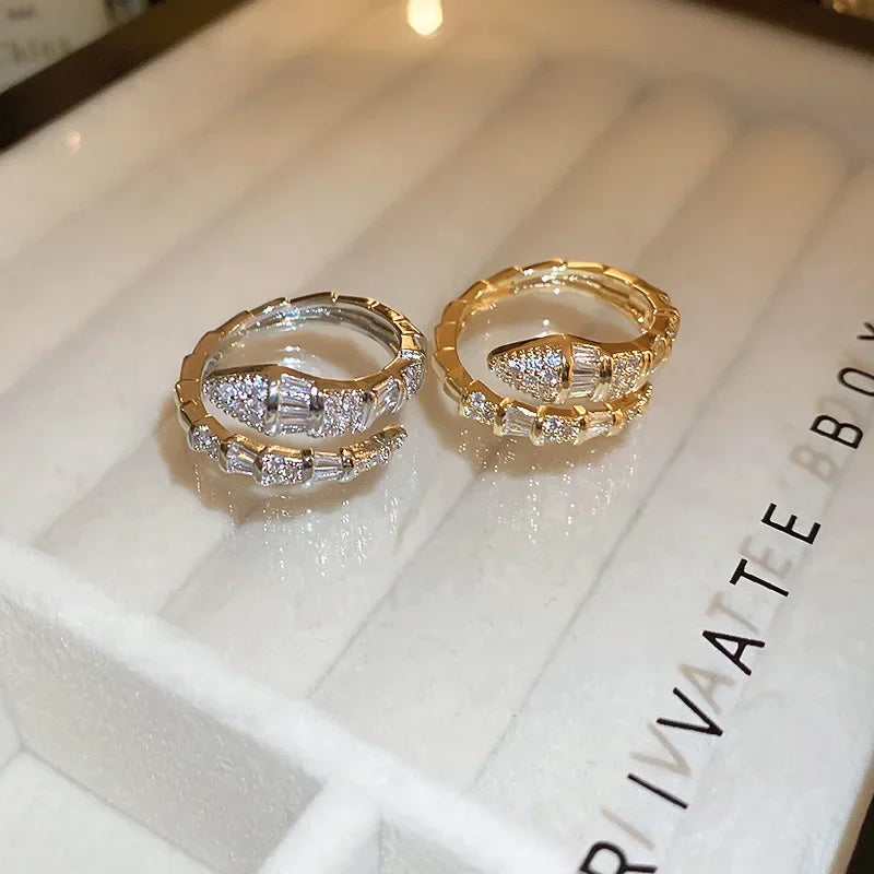 luckacco versatile fashion trendy snake shaped open rings for women high-end zircon stainless steel adjustable rings jewelry accessories