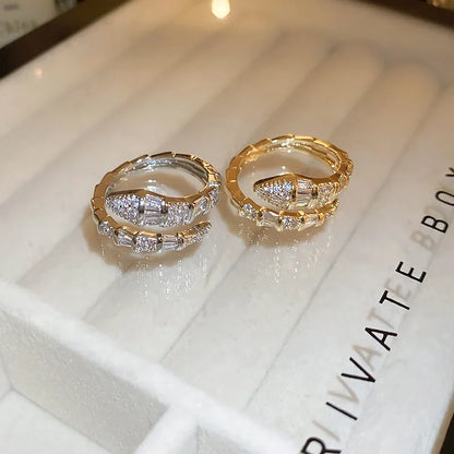 Luckacco Versatile Fashion Trendy Snake Shaped Open Rings for Women High-end Zircon Stainless Steel Adjustable Rings Jewelry Accessories