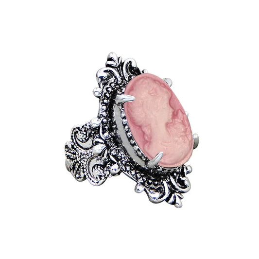 Luckacco Vintage 6 Colors Lady Queen Cameo Rings For Women Antique Silver Plated Flower Plant Pink Cameo Ring Fashion Jewelry