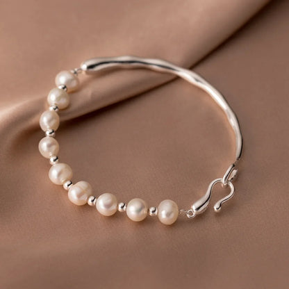 Luckacco 925 Sterling Silver Pearl Beads Bracelet for Women Girls Vintage Irregular Metal Charm Bangles Luxury Fashion Party Jewelry Gift