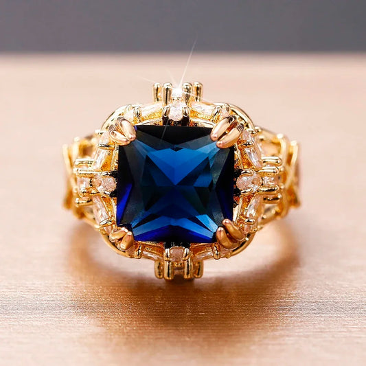Luckacco daily picks Gorgeous Dark Blue CZ Female Ring Dazzling Flower Design Aesthetic Women Accessories Anniversary Party New 2025 Jewelry