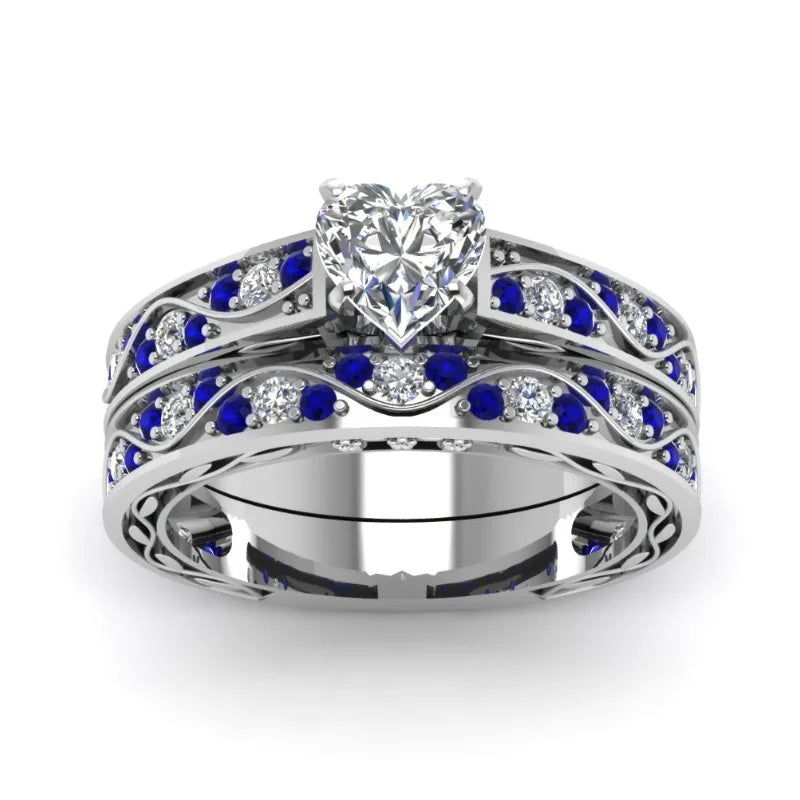 luckacco fashion couple rings romantic women heart zircon stone rings set men's blue stainless steel ring wedding party jewelry gifts