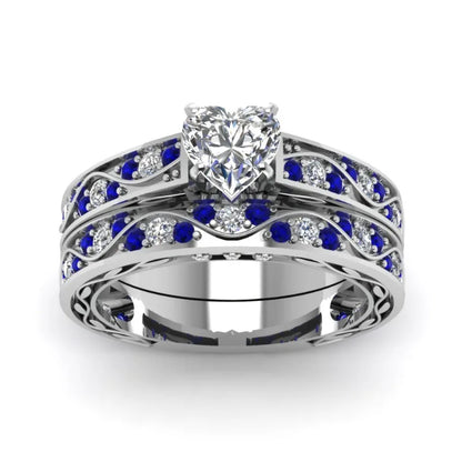Luckacco Fashion Couple Rings Romantic Women Heart Zircon Stone Rings Set Men's Blue Stainless Steel Ring Wedding Party Jewelry Gifts
