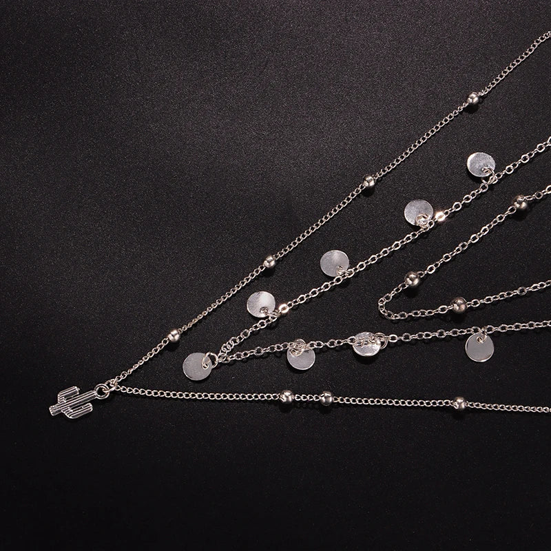 luckacco new 925 sterling silver triple layer necklace plant round piece choker exquisite clavicle chain send women's fine accessories