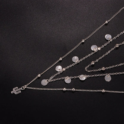 Luckacco New 925 Sterling Silver Triple Layer Necklace Plant Round Piece Choker Exquisite Clavicle Chain Send Women's Fine Accessories
