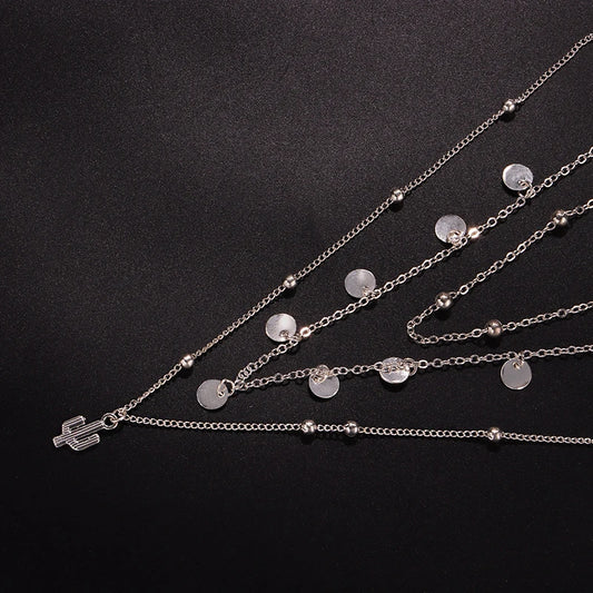 Luckacco New 925 Sterling Silver Triple Layer Necklace Plant Round Piece Choker Exquisite Clavicle Chain Send Women's Fine Accessories