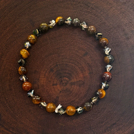 Luckacco Natural tiger eye stone and rhombus cut gray crystal handmade beaded bracelet for men and women homeopathic stress relief calmin