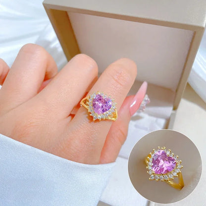 Luckacco High Quality Pink Heart Crystal Adjustable Rings for Women Charm Gold Color Stainless Steel Wedding Bride Jewelry Gift Colorfast