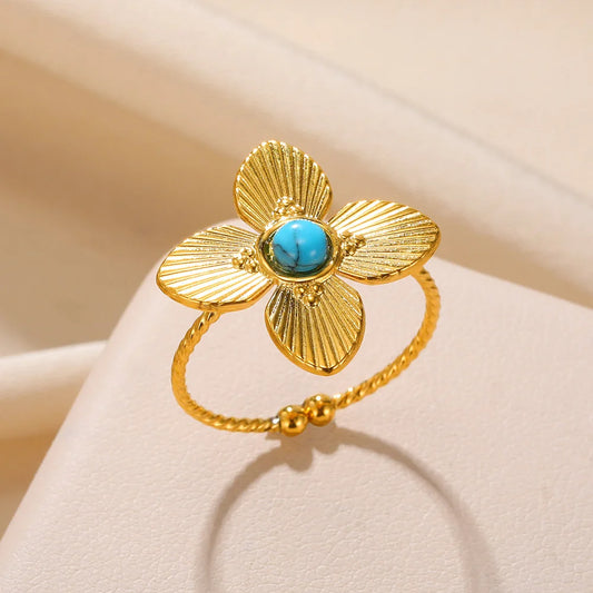 Luckacco Stainless Steel Rings Natural Stone Lucky Jewelry Round Sun Vintage Gold Color Ring For Women Anniversary Gift New Female Male