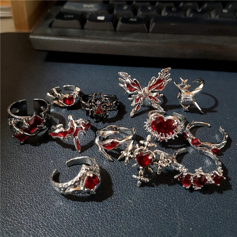 luckacco goth punk retro red crystal love heart cross geometry irregular open ring set y2k halloween accessories for women kpop jewelry