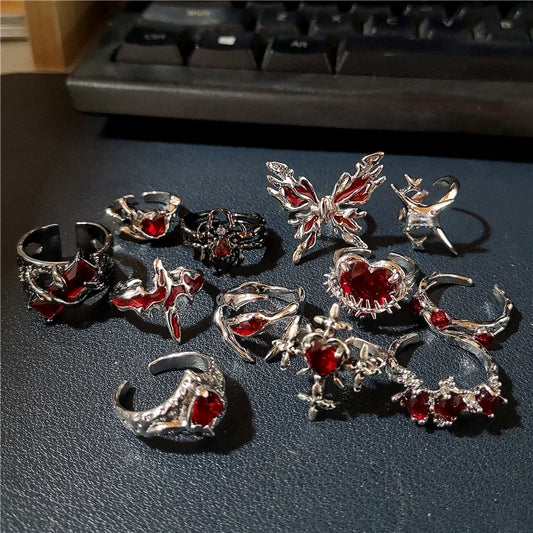 Luckacco Goth Punk Retro Red Crystal Love Heart Cross Geometry Irregular Open Ring Set Y2K Halloween Accessories For Women Kpop Jewelry