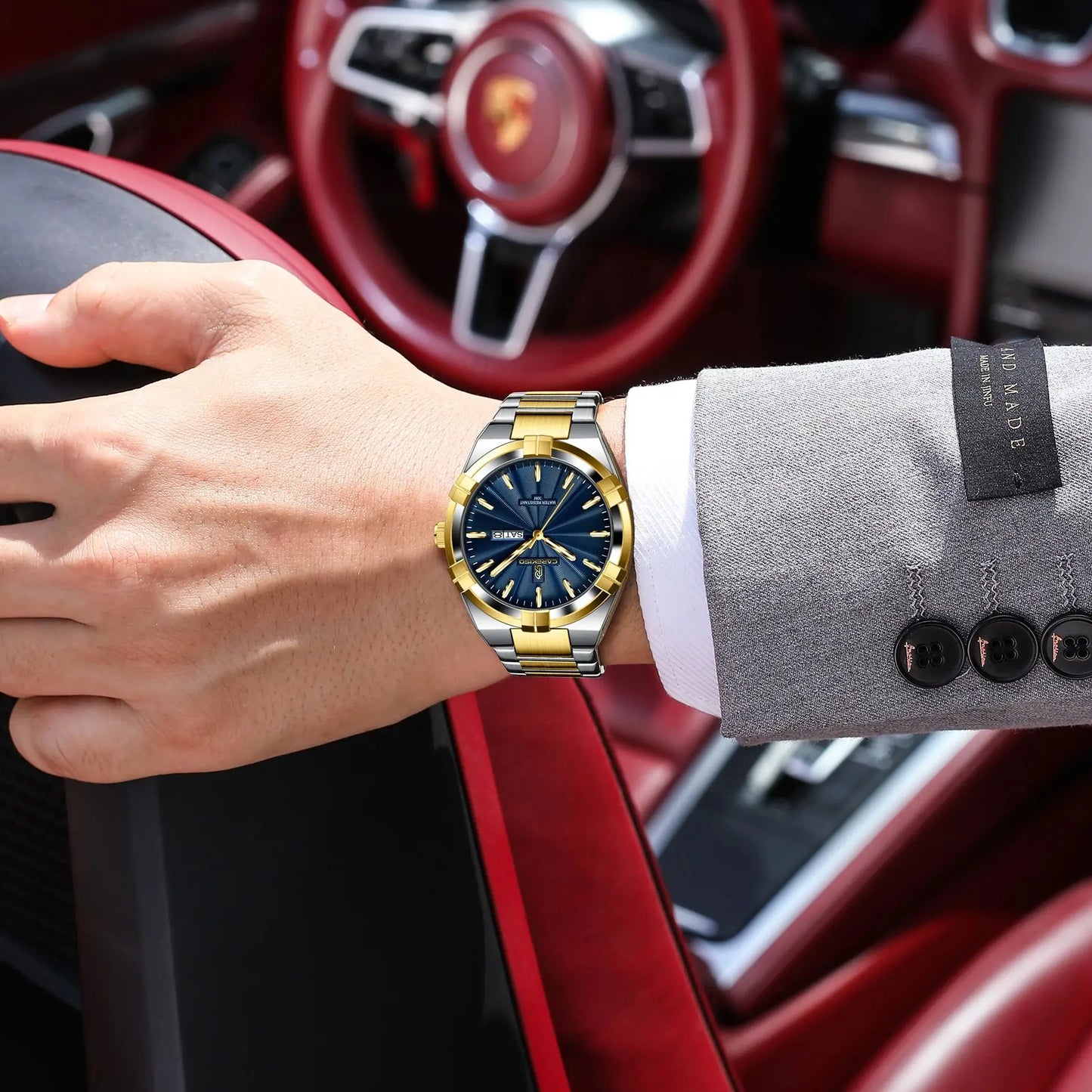 luckacco carekiso military business men clock date week waterproof luminous quartz man wristwatch stainless steel men's watches reloj+box