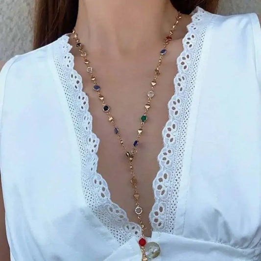 Luckacco Fashion Colorful Crystal Chain Necklace for Women Simple Silver Color Long Y-shaped Clavicle Chain Necklace Party Jewelry Gifts